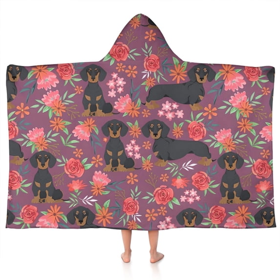 Dachshund Dog and Flower Floral Hooded Bath Towel,50"x30" for Ages 3 To 12 Kids, Quick Dry Lightweight Soft Microfiber Hood Beach Towel Cover Up for Kids
