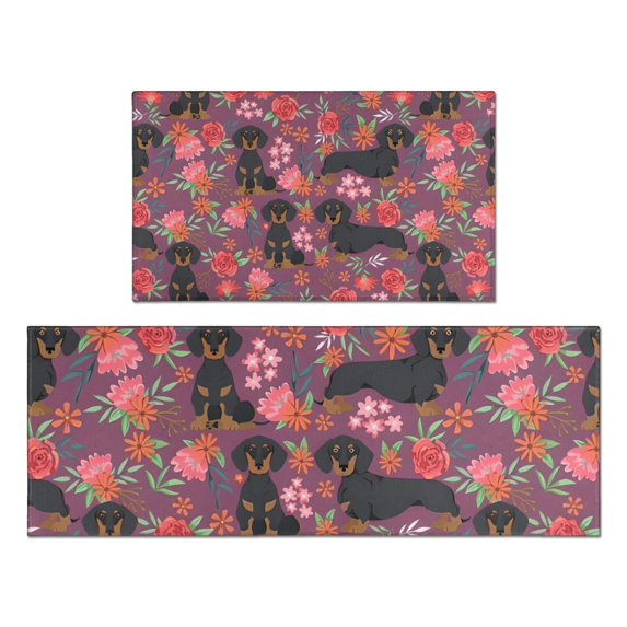 Dachshund Dog and Flower Floral Kitchen Rugs Sets Of 2,Anti Fatigue Kitchen Mat Rugs Non Slip Washable,Decorative Kitchen Floor Mats for Kitchen,Sink,Laundry,17"x30"+17"x47"