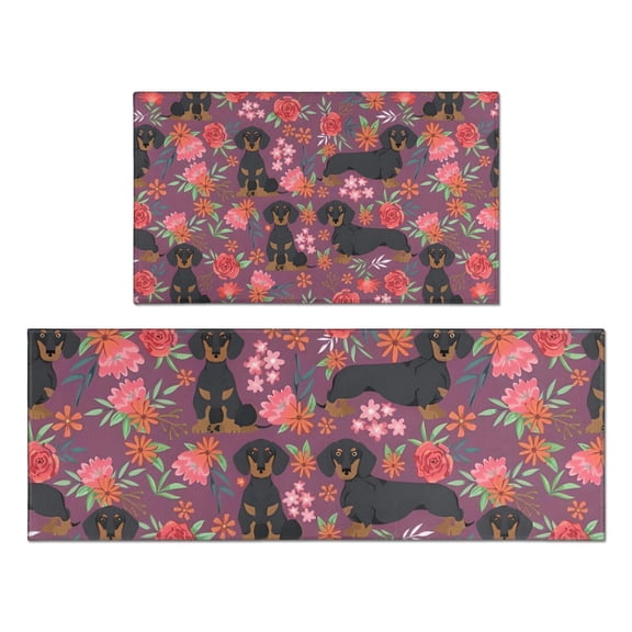 Dachshund Dog and Flower Floral Kitchen Rugs Sets Of 2,Anti Fatigue Kitchen Mat Rugs Non Slip Washable,Decorative Kitchen Floor Mats for Kitchen,Sink,Laundry,17"x30"+17"x47"