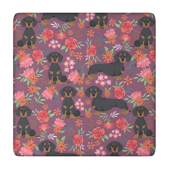 Dachshund Dog and Flower Floral Square Fitted Tablecloth with Elastic Edge,Square Table Cover,Washable Elastic Table Cover for Home Kitchen Party Decor 34"x34"