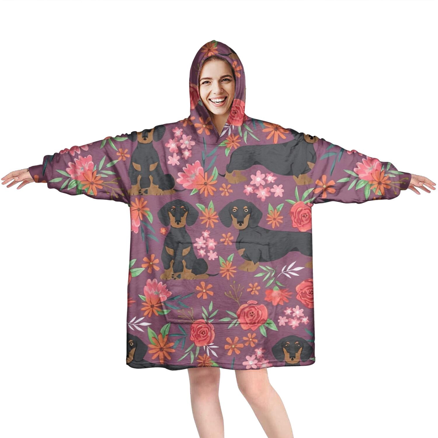 Dachshund Dog and Flower Floral Wearable Oversized Blanket,Wearable Blanket Hoodie for Adults,Cozy Hooded Blankets with Super Pockets,Super Warm Fuzzy Pullover for Women & Men