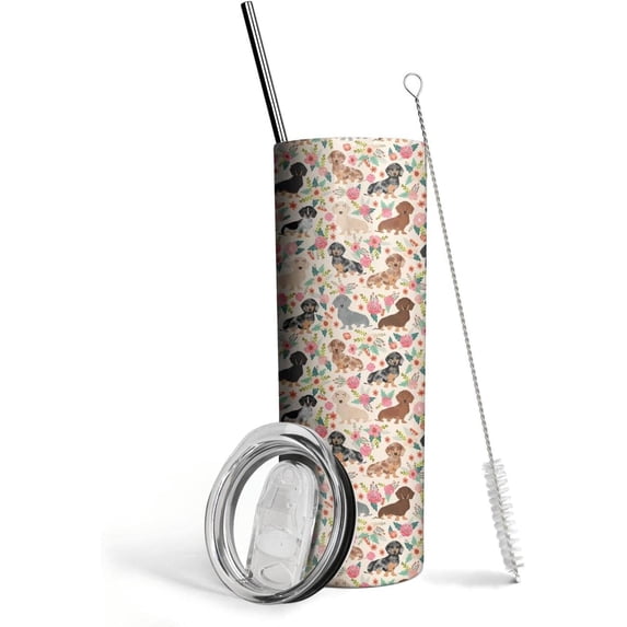 Dachshund Dog & Flower Tumblers 20 OZ White Pattern Travel Cup Iced Stainless Steel with Lid Insulated Coffee Mug Gifts