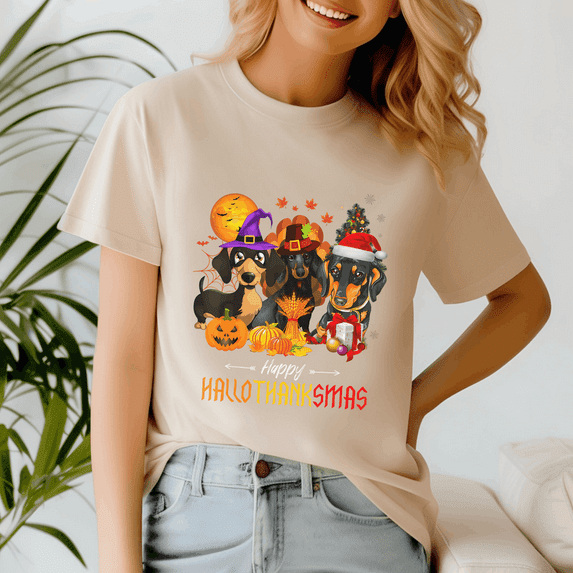 Dachshund Dog, Happy Hallothanksmas Tshirt, Halloween Thanksgiving Christmas Shirt, Holiday Season Tee, Turkey Gift, Vintage Ghost ,Merry Christmas