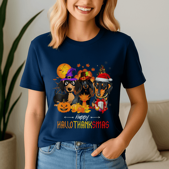 Dachshund Dog, Happy Hallothanksmas Tshirt, Halloween Thanksgiving Christmas Shirt, Holiday Season Tee, Turkey Gift, Vintage Ghost ,Merry Christmas