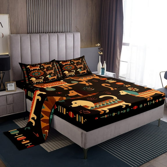 Dachshund Dog King Bed Sheets,Boho Western Animal Bedding Set Tribe Aztec Sheet Set Bohemia Dog Print 1 Fitted Sheet 1 Flat Sheet 2 Pillow Cases Room Decor
