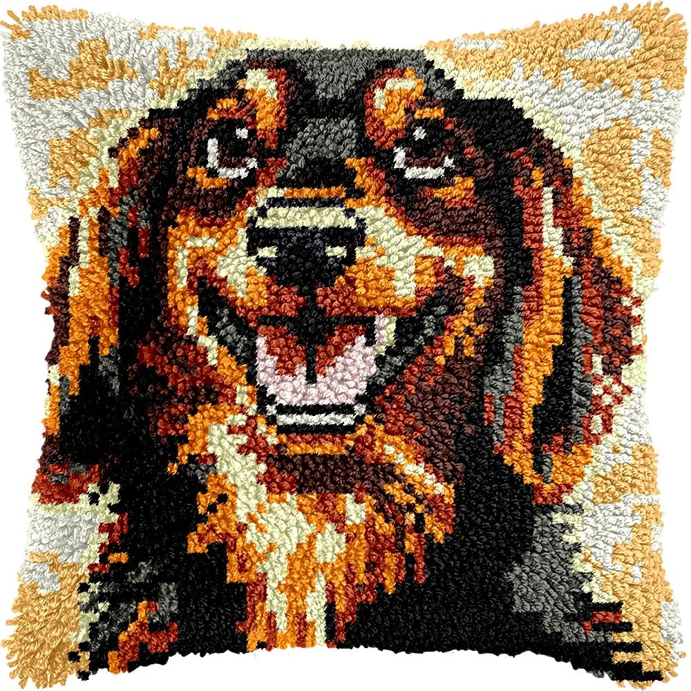 Dachshund Dog Latch Hook Pillow Kits for DIY Throw Pillow Cushion Embroidery Latch Hooking Pillowcase Kits with Preprinted Canvas Crochet Yarn Kits for Home Decor 17''X 17''(C29)
