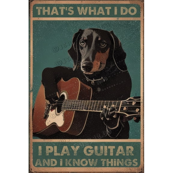 Dachshund Dog Metal Tin Sign Room Decor - That's What I Do I Play Guitar And I Know Things Funny Poster, Dogs Lovers Gift, Music Lovers Gift, Music Room Poster, Funny Coffee Bar Sign 12x16 Inches