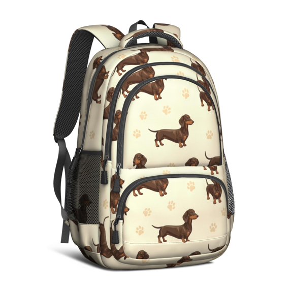Dachshund Dog Paw Print White Pattern Cute School Backpack Bag with Padded Back and Adjustable Shoulder Straps 16.9 X 12.6 X 5.9 Inches