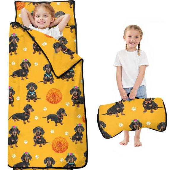 Dachshund Dog Paw Print Yellow Pattern Teens Toddler Nap Mat with Pillow, Sleeping Mat Bag for Preschool Daycare 60"x20"