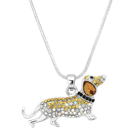 Dachshund Dog Pendant Necklace Rhinestone Crystal Rhodium Plated 17 Inch Snake Chain J0879
