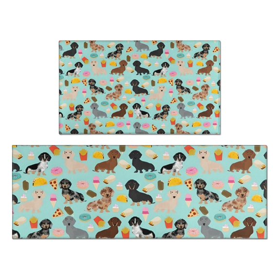 Dachshund Dog and Pizza Kitchen Rugs Sets Of 2,Anti Fatigue Kitchen Mat Rugs Non Slip Washable,Decorative Kitchen Floor Mats for Kitchen,Sink,Laundry,17"x30"+17"x47"