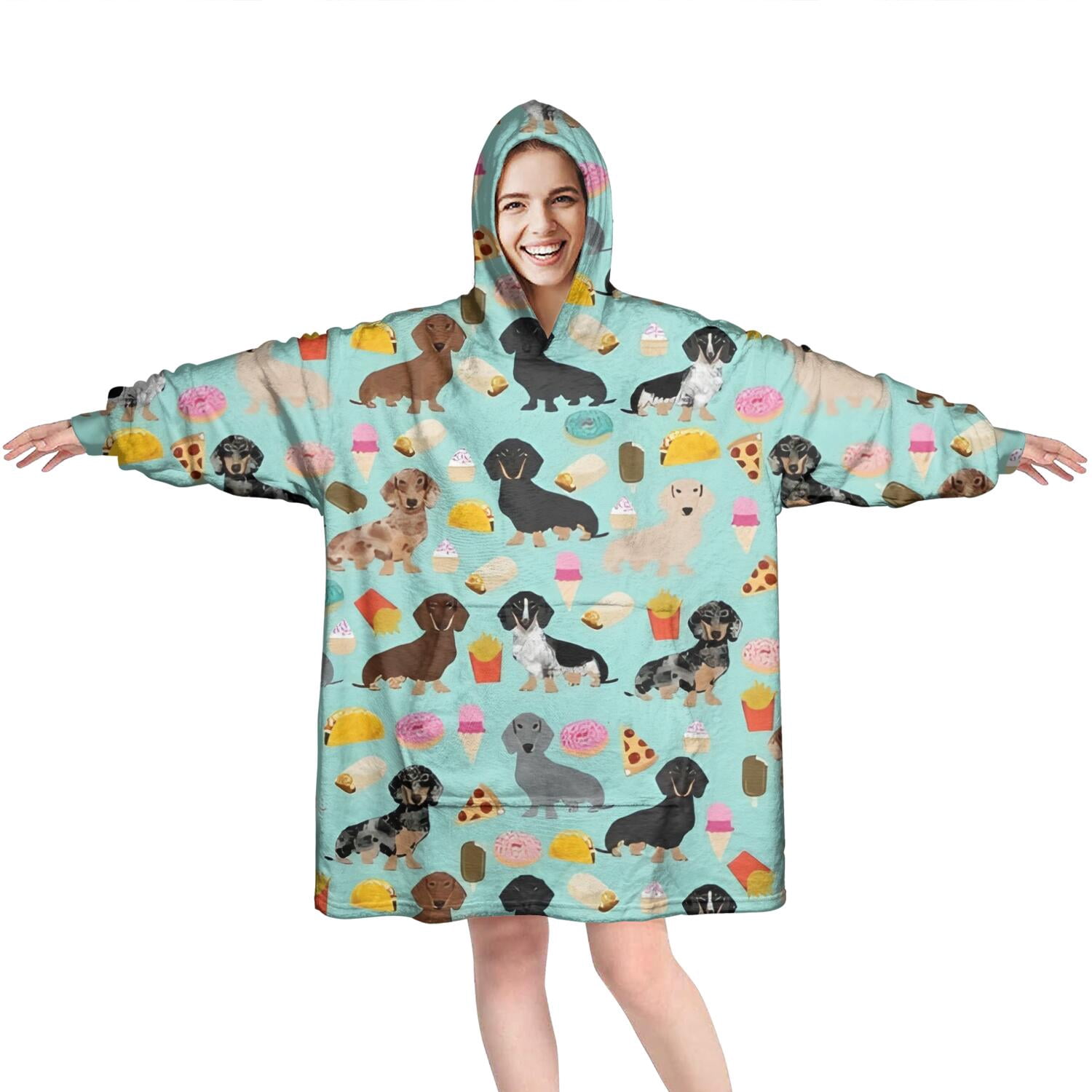Dachshund Dog and Pizza Wearable Oversized Blanket,Wearable Blanket Hoodie for Adults,Cozy Hooded Blankets with Super Pockets,Super Warm Fuzzy Pullover for Women & Men