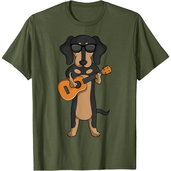 Dachshund Dog Playing Ukulele Guitar Unisex T-Shirt for Men Women Kids Toddler,Military Green Color,Size YS