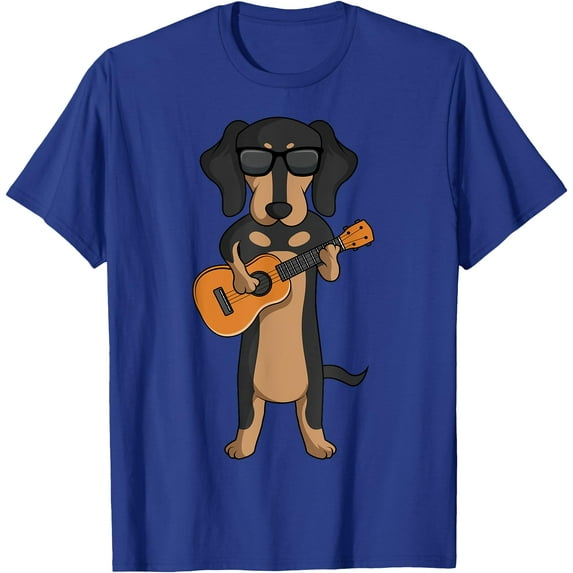 Dachshund Dog Playing Ukulele Guitar Unisex T-Shirt for Men Women Kids Toddler,Royal Blue Color,Size 5XL
