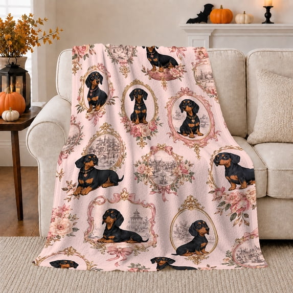 Dachshund Dog Portrait Collage Roses, Festive Pet Portrait Pattern, Warm Flannel Blanket for Living Room and Reading Nook, Dog Lovers Christmas Gift, Pet Lover Home Decor