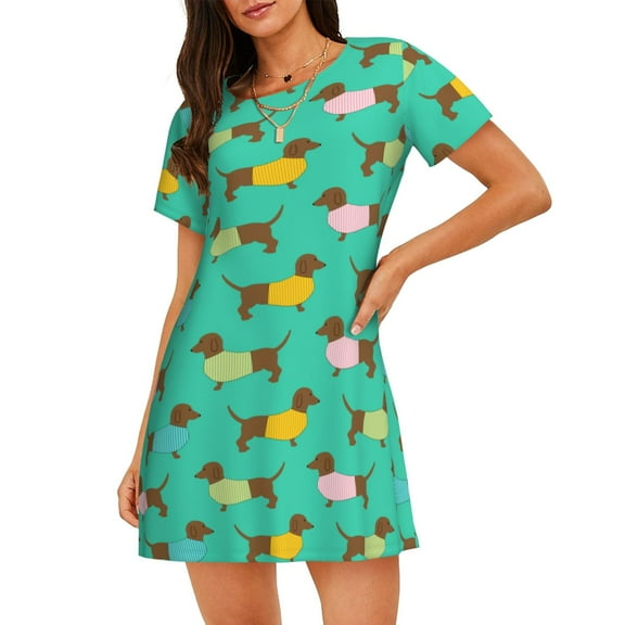 Dachshund Dog Print Pattern Women'S Nightgown Sleepwear Short Sleeves Nightshirt Loose Comfy Pajama Medium