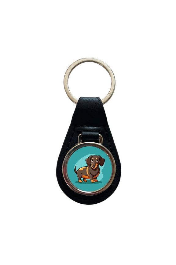 Dachshund Dog Profile Metal Black Leather Keychain