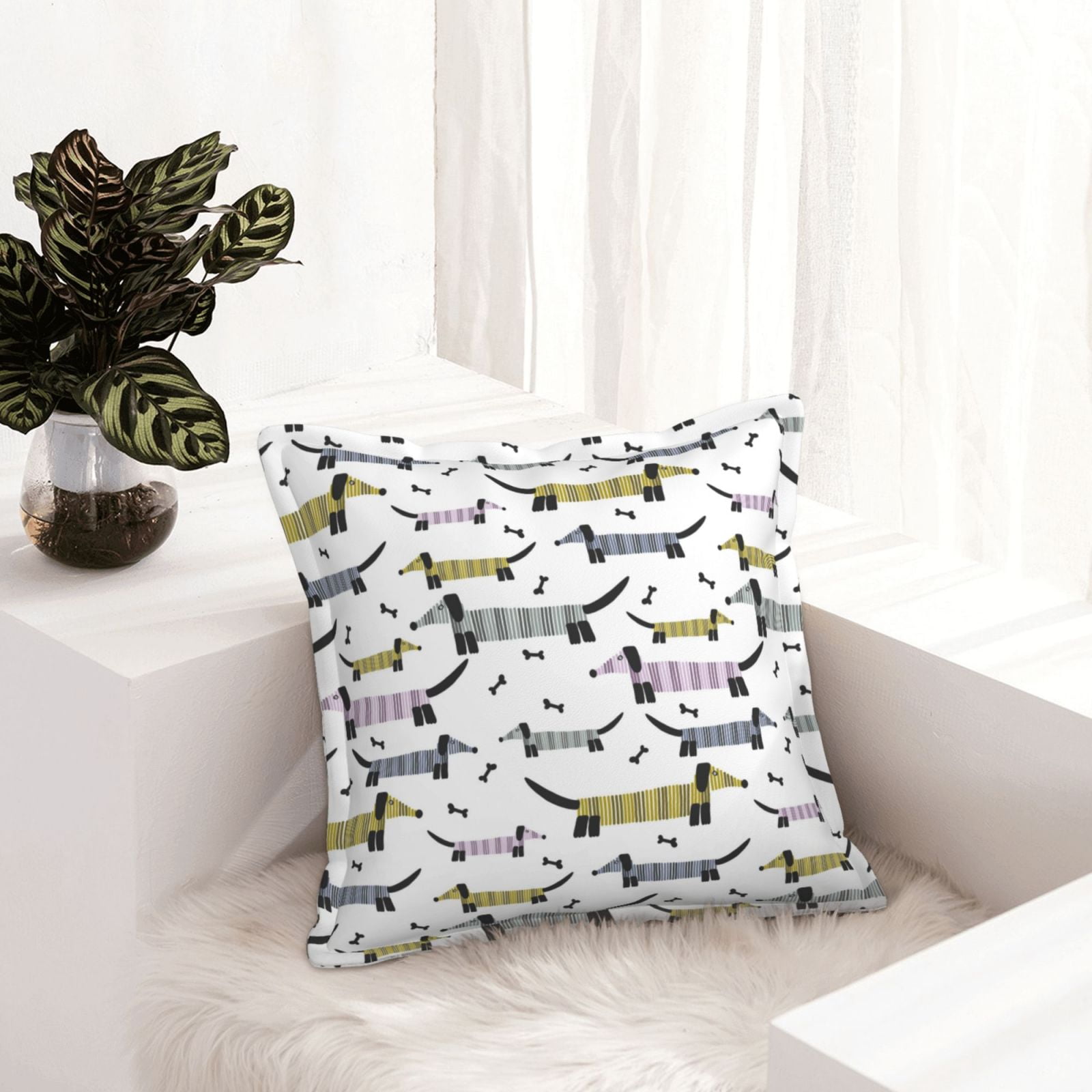 Dachshund Dog Puppy Yellow Pink Leather Throw Pillow Covers, Pillow