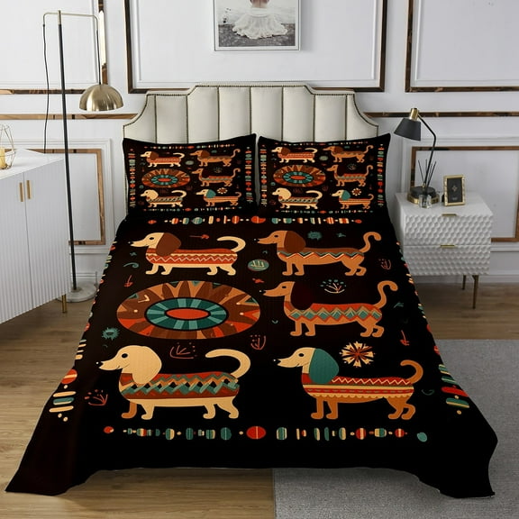 Dachshund Dog Queen Quilt Set,Boho Western Animal Coverlet Set Tribe Aztec Bedspread Set Bohemia Dog Print Bedding Set Room Decor 2 Pillow Cases
