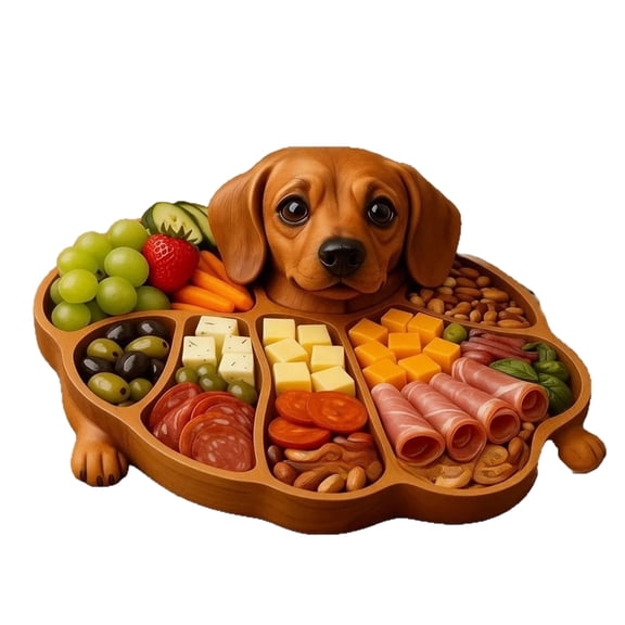 Dachshund Dog Shaped Serving Tray with Food Compartments, Wooden Sausage Dog Snack Platter and Food Organizer, Decorative Dachshund Tray for Cheese, Meat, Fruit, Nuts, Countertop Table Display
