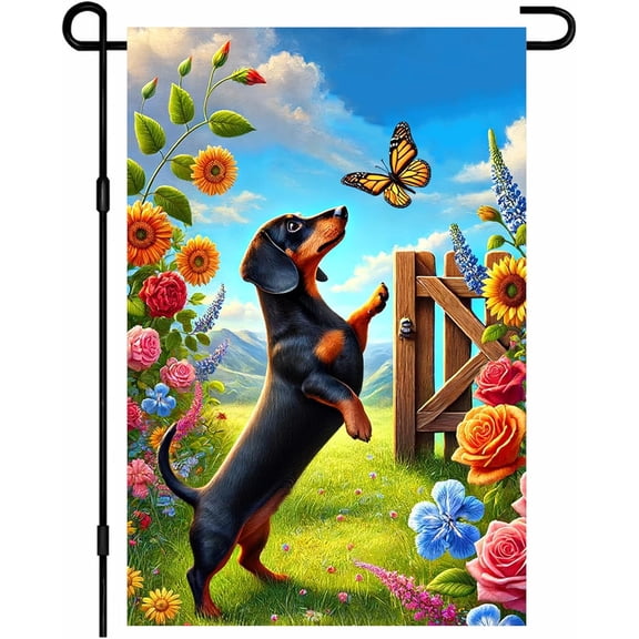 Dachshund Dog Spring Garden Flag 12x18 Inch Doxie Sausage Hound Puppy Chasing Butterfly Wooden Gate Sunflower Rose Lavender Floral Flower Double Sided Vertical Small Yard Flag Seasonal Outdoor Decora
