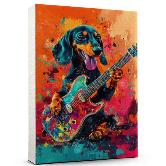 Dachshund Dog Stretched Canvas Size 8x12 Guitar Canvas – Cute Dachshund Canvas Wall Art of Puppy Playing Guitar, Perfect for Dog and Music Fans