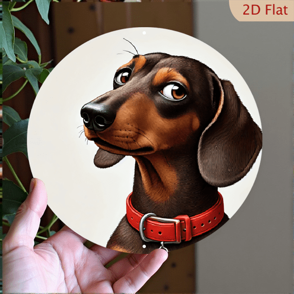 Dachshund Dog Wall Art, Round Aluminum Metal Print, 8x8 Inch Decorative Wall Hanging for Home Decor, Realistic Puppy Portrait with Red Collar Illustration