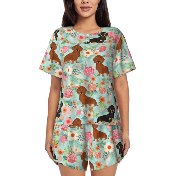 Dachshund Dog Women’S Short-Sleeved Pyjama Set Round-Neck Loungewear for Indoor and Outdoor