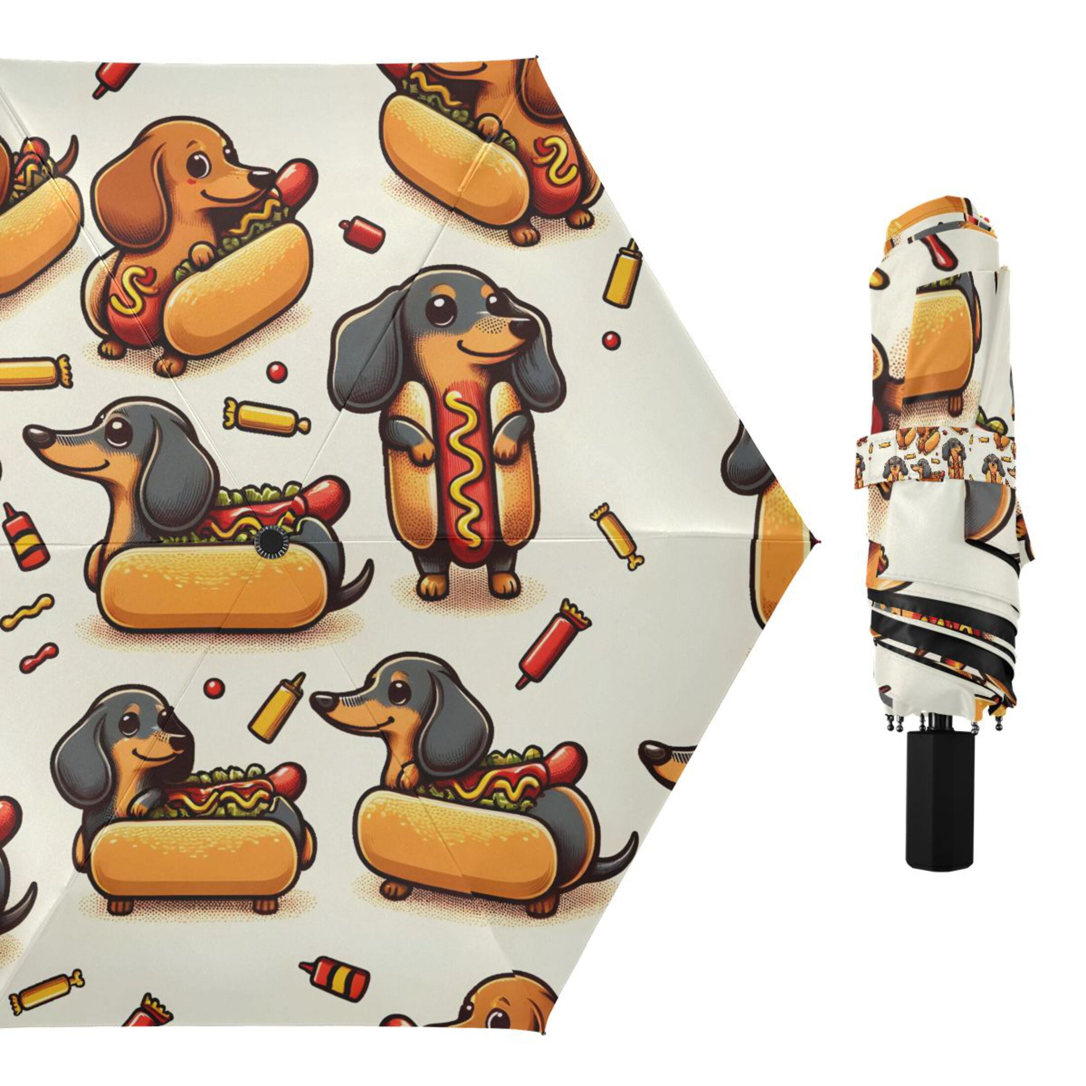Dachshund Dog in Hot Dog Compact Sun Umbrella Windproof Travel Umbrellas for Rain Strong Portable UV Protection