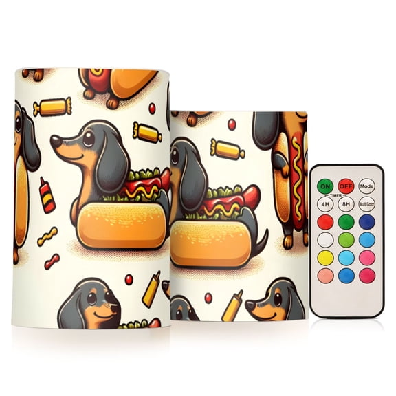 Dachshund Dog in Hot Dog Flickering Flameless LED Candles set of 2 Battery Operated 18-Key Remotes Timer Halloween Fall Decor D3''xH4''5''