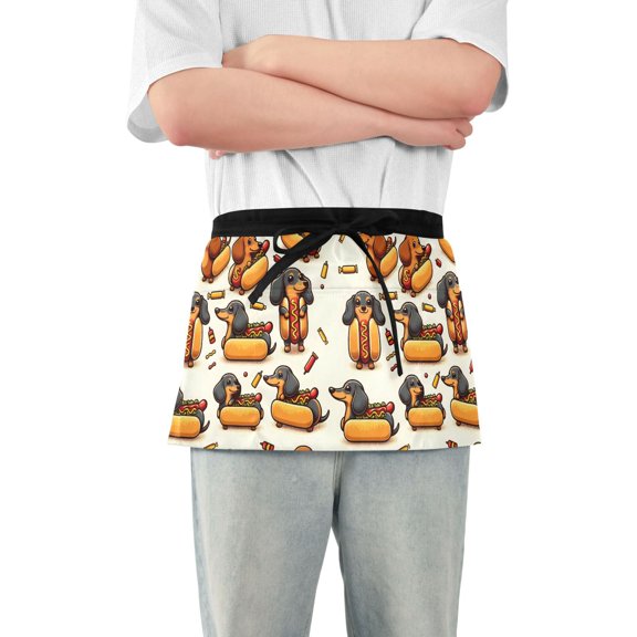 Dachshund Dog in Hot Dog Server Apron with 3 Pockets Waterproof Waitress Waist Short Apron for Man Woman 12 Inches