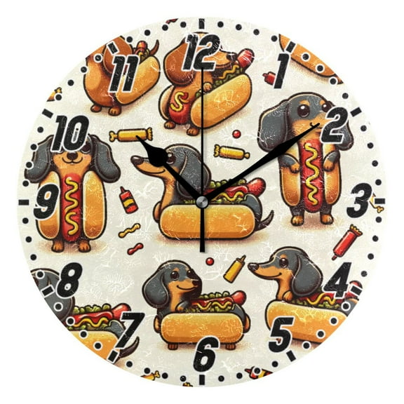Dachshund Dog in Hot Dog Wall Clock 9.8 inch Battery Operated Clocks Non-Ticking Silent for Bedroom Office Kitchen Living Room
