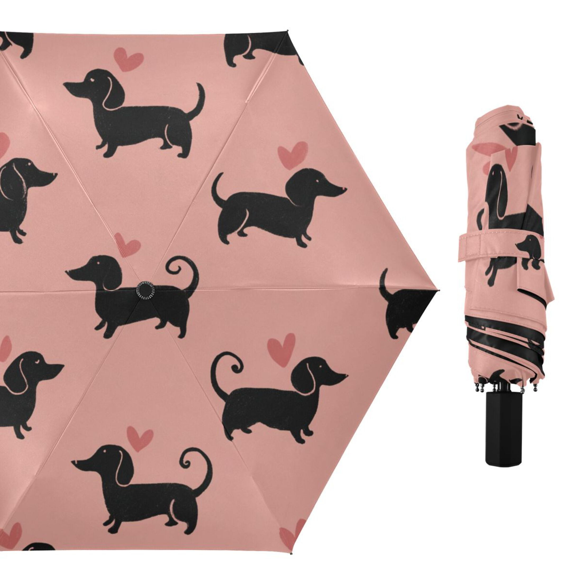 Dachshund Dog with Hearts Valentine All Weather Umbrella Triple Folding Parasol 6 Ribs UV Protection Portable