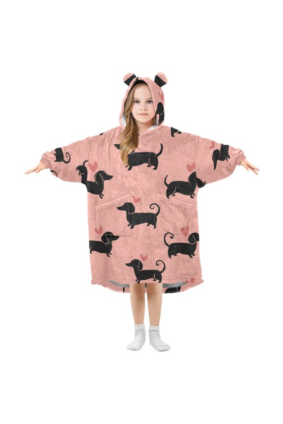 Dachshund Dog with Hearts Valentine Flannel Wearable Blankets Hooded Design Long Sleeves Wrap Unisex for 3T-14Y S