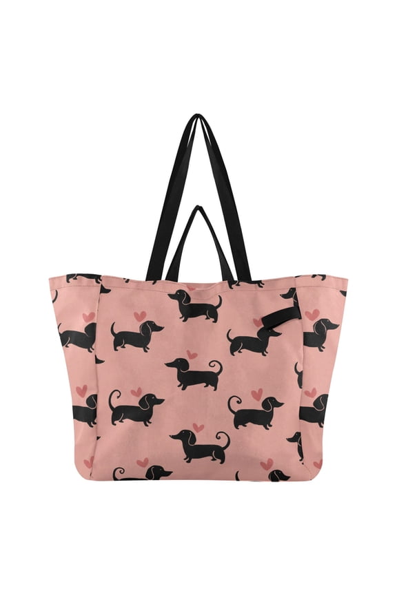Dachshund Dog with Hearts Valentine Foldable Canvas Tote Bags Reusable Grocery Bags Laundry Bags Beach Bag 32L