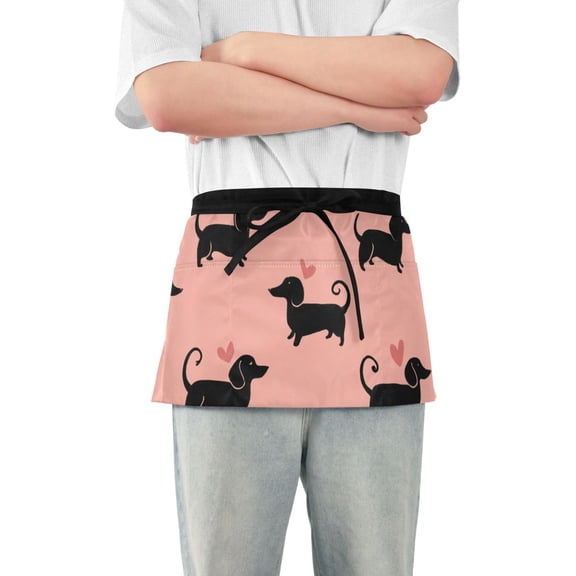 Dachshund Dog with Hearts Valentine Short Server Apron with 3 Pockets for Unisex Chef Gardening
