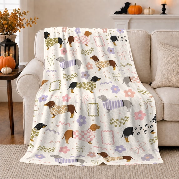 Dachshund Dogs with Pastel Flowers, Playful Modern Style for Dog Lovers, Spring Wiener Dog Pattern and Birthday Gift, Soft Flannel Blanket for Bedroom and Playroom, Home Decor
