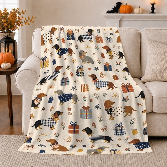 Dachshund Dogs with Presents and Bows, Festive Modern Style for Dog Lovers, Party Wiener Dog Scene and Birthday Gift, Cozy Flannel Blanket for Family Room and Bedroom, Home Decor