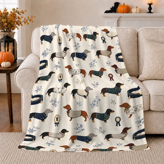Dachshund Dogs with Snowflakes and Ribbons, Playful Winter Style for Dog Lovers, Blue Holiday Pet Pattern and Christmas Gift, Cozy Flannel Blanket for Family Room and Bedroom, Home Decor