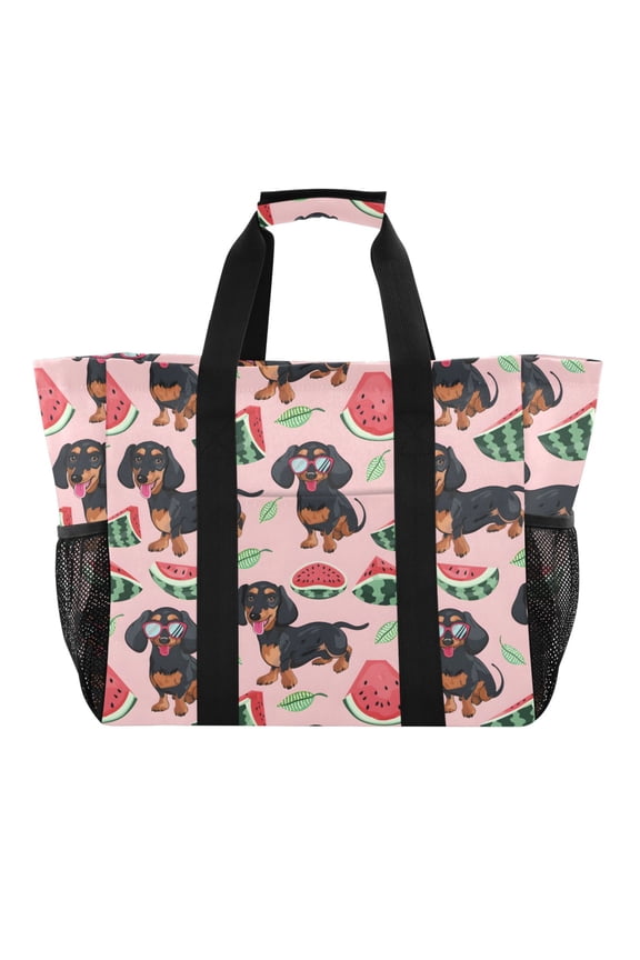 Dachshund Dogs Watermelon Reusable Grocery Bags with Handle Side Pocket Waterproof Shopping Portable Tote