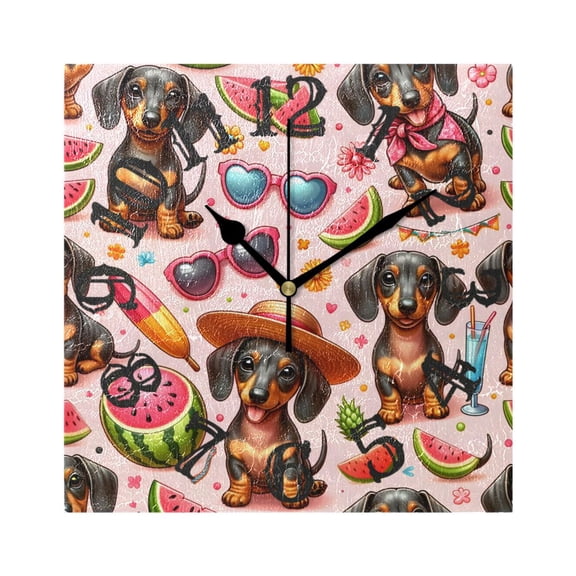Dachshund Dogs Watermelon Wall Clock Square Silent Non Ticking Battery Operated Clock for Home Bathroom Kitchen Bedroom Living Room