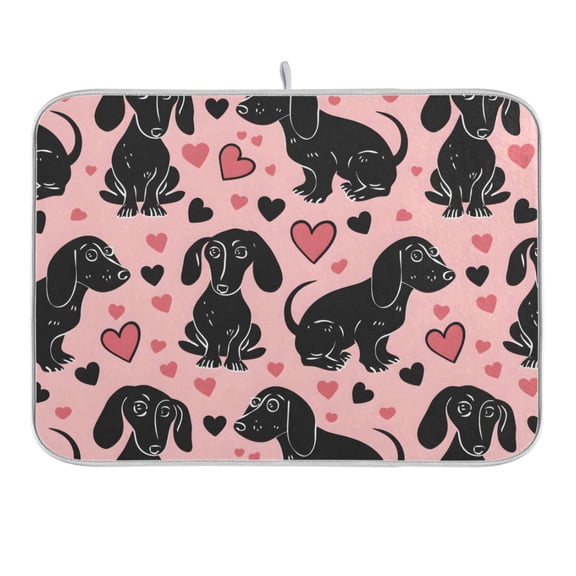 Dachshund Dogs and Heart Dish Drying Mat 16x18 Absorbent Microfiber Draining Rack Pad for Kitchen Counter Sink