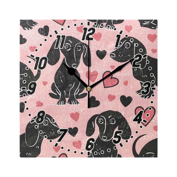 Dachshund Dogs and Heart Wall Clock Battery Operated Silent Non-Ticking Bedroom Office Kitchen Home School Decor 7.8"(Black)