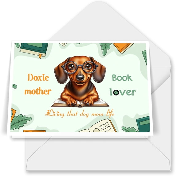 Dachshund Doxie Mother Book Lover Living That Dog Mom Life Happy Mother's Day 7x5in Folded Greeting Card Wiener Dog Lover Gifts Idea Single Note Card with Envelope - 03004