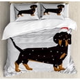 thumbnail image 1 of Dachshund Duvet Cover Set Queen Size, Low Poly Cute Dog Wearing a Christmas Hat in Snow, 3 Piece Bedding Set with 2 Pillow Shams, Pale Grey Dark Grey Pale Caramel Vermilion, by Ambesonne, 1 of 3