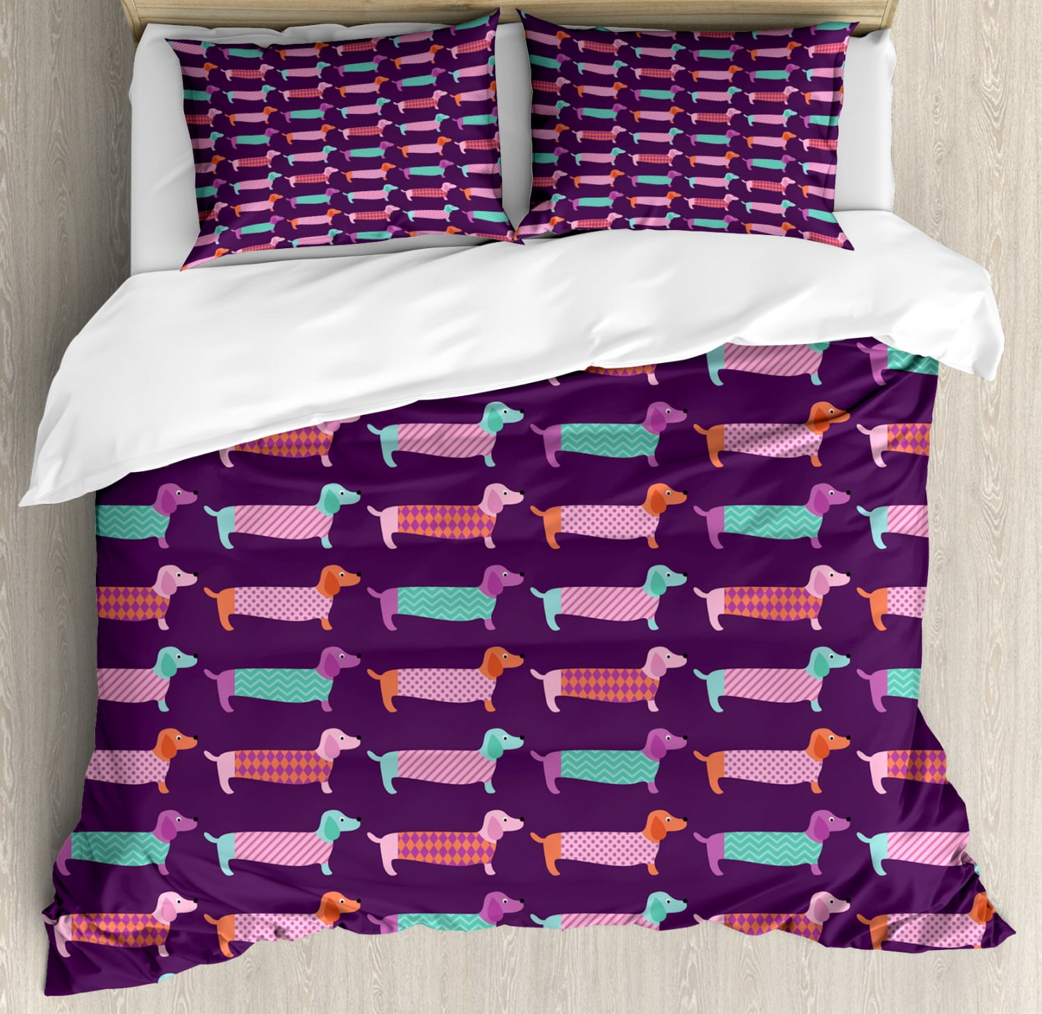 Queen Size Multicolor Dachshund Pattern Duvet Cover Set