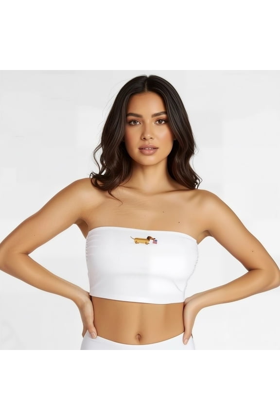 Dachshund Embroidered Bandeau Tankini Top for Women, Cute Dog Lover Cropped Swim Top with Removable Straps, Soft Stretchy Summer Beach Swimwear