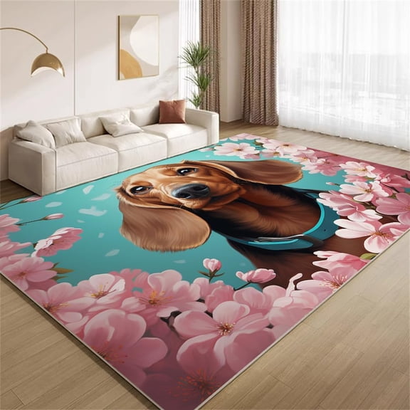 Dachshund Floral Area Rugs, Cute Dog Pattern Carpet, Washable Non Slip Low Pile Soft Rug for Living Room Bedroom Decor Mat 3ftx5ft
