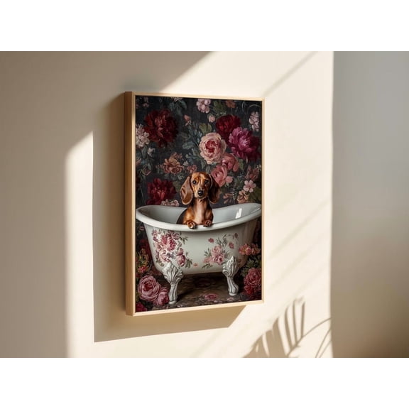 Dachshund Floral Bathtub Art – Vintage Dog Print – Elegant Pet Portrait – Whimsical Animal Wall Decor – Shabby Chic Home Accent Wall Art Modern Wall Decor
