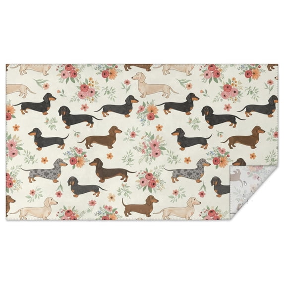 Dachshund and Floral Beige Pattern Rectangle Tablecloth 60"x102", Waterproof Polyester Wipeable Spillproof Table Cover for Dining Camping Indoor and Outdoor Use